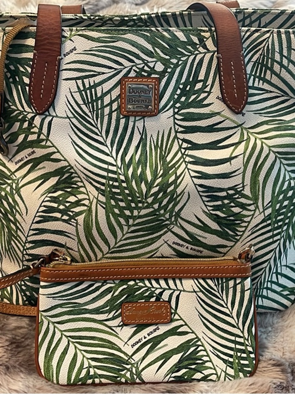 Dooney & Bourke Green Palm-Print Tote with Brown Trim and Matching Wristlet
